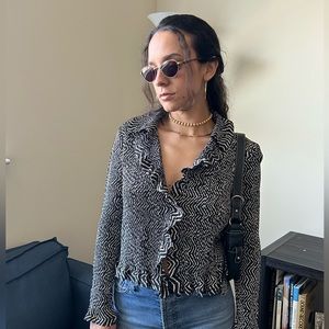 Y2k Camille La Vie women’s smoked chiffon Ruffle Blouse / Cardigan B&W size L